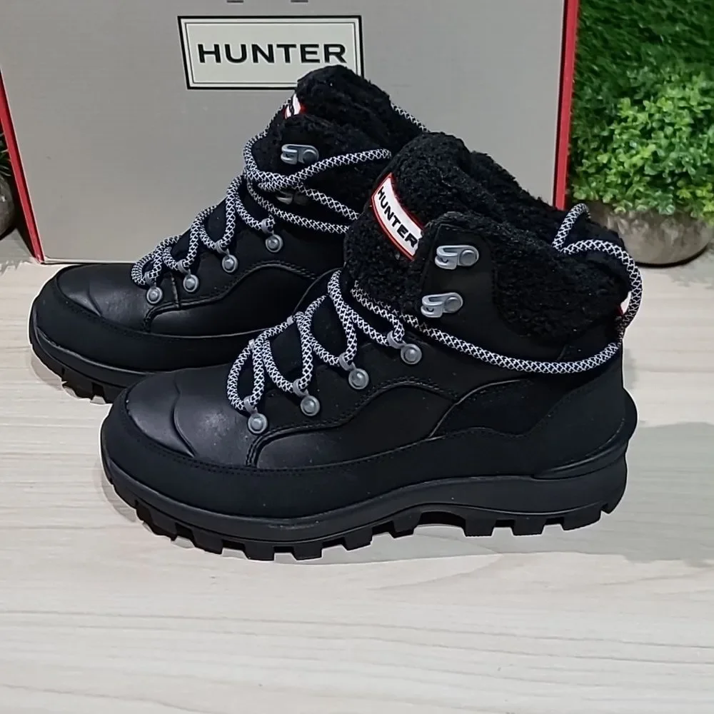 Hunter Explorer Mid Lace Leather Boots - Black 6 M New
